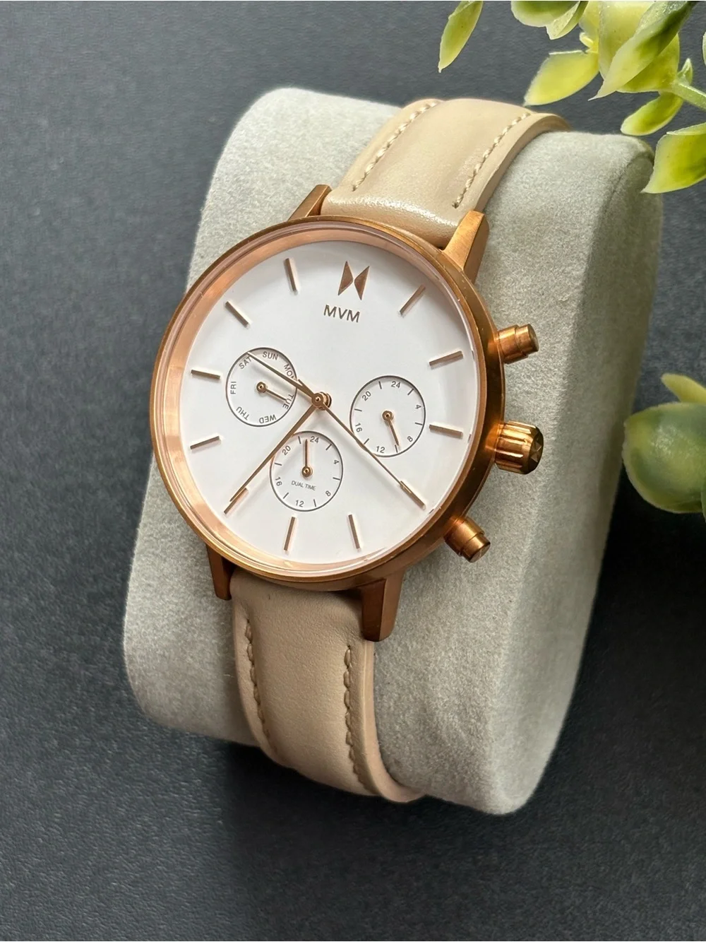 MVMT Rose Gold and Beige Leather Chronograph Watch